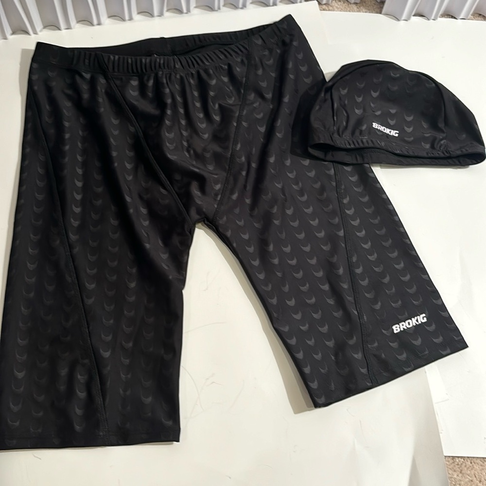 Brokig gym mens reflective swimwear black shorts and hat Black Med NWT